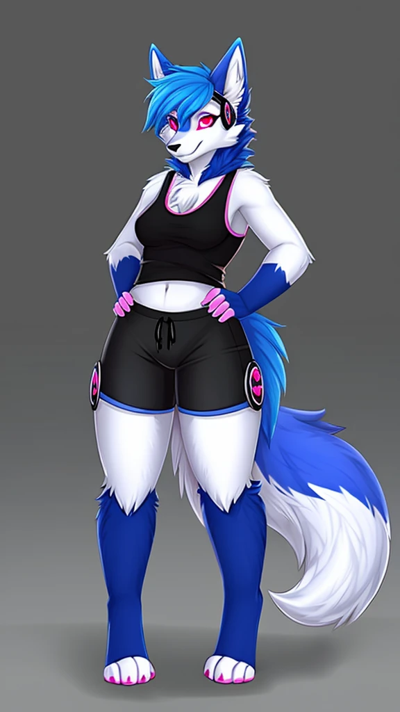 Furry kitsune wolf protogen   female anthropomorphic white fur pink eyes blue ears wearing a black tank top and black shorts  medium breast size 