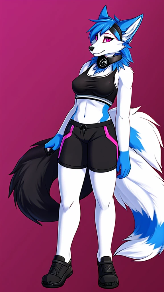 Furry kitsune wolf protogen   female anthropomorphic white fur pink eyes blue ears wearing a black tank top and black shorts  medium breast size 