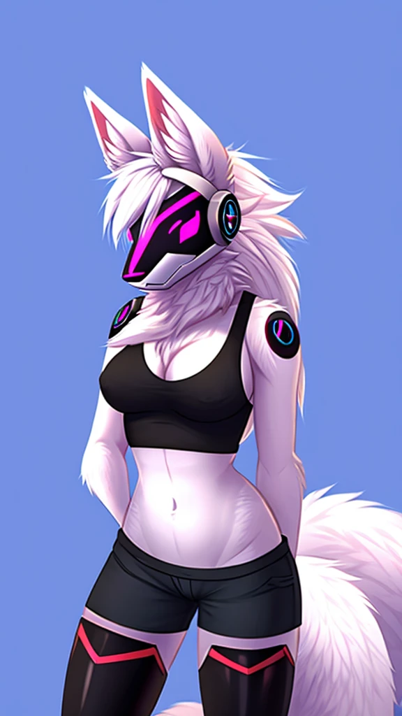 Furry kitsune wolf protogen female anthropomorphic white fur pink eyes blue ears wearing a black tank top and black shorts medium breast size