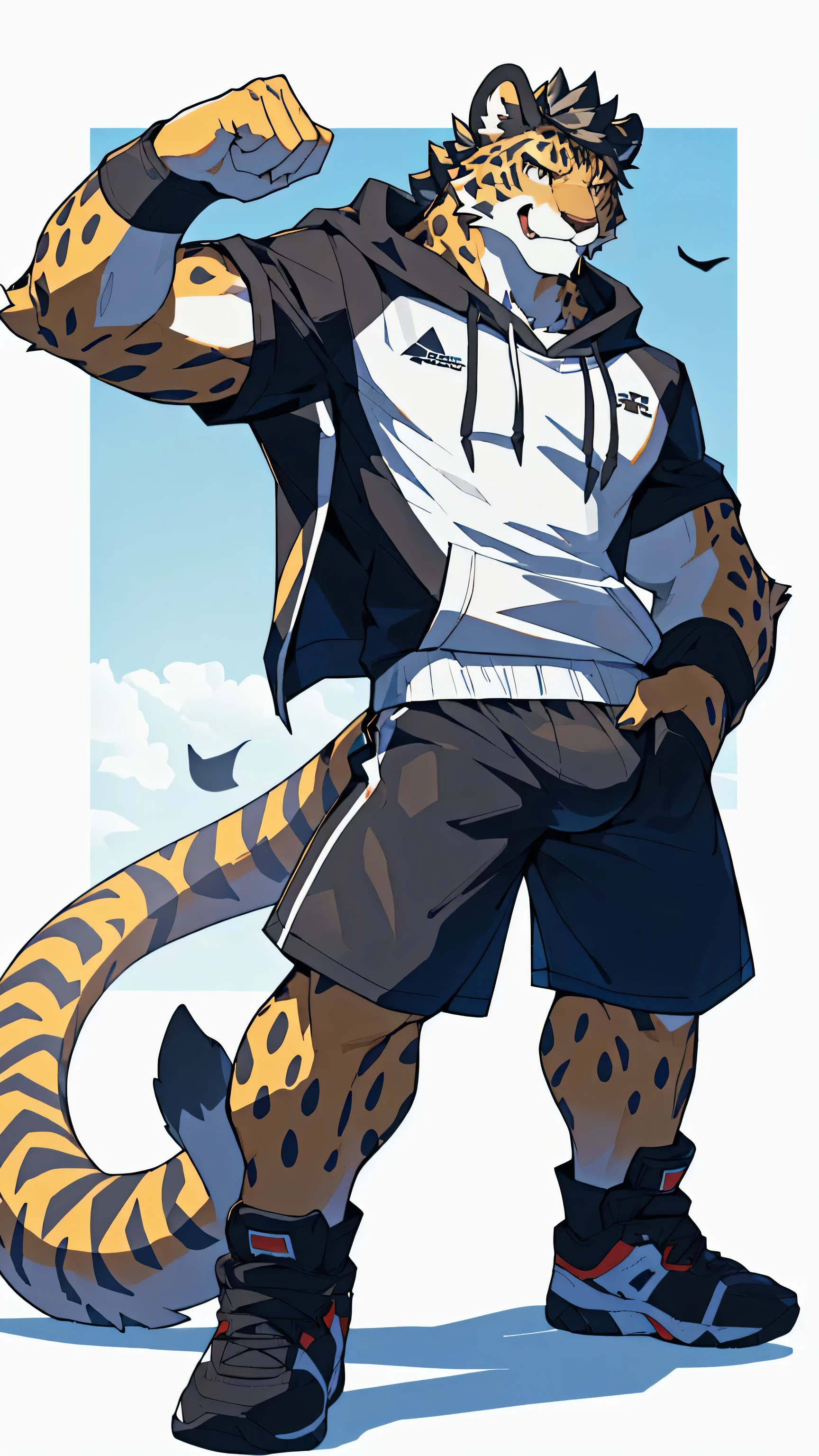 White background，high resolution，4K，masterpiece，high quality，Warm man，29 years old，((Cheetah))，male，((whole body:1.4，Strike a pose:1.5，fiercely:1.3，grimace in pain:1.4))，CheetahFurry，（teenager:1.5，hairy），((Moderate:1.2，short hair:1.3))，((Strong body:1.5，Long legs:1.3，big ear:1.3，Thick long tail))，(((Grey sweatshirt，Black sports shorts)))，(((Hair:1.6，Full of Moderate Muscle:1.3，Golden Eyes:1.4，Black hair:1.3，White chest:1.3，White belly:1.4，Limbs:1.4，Crotch bulge)))，Delicate eyes:1.6，Fine details，Detailed body，（Detailed hand details:1.4）