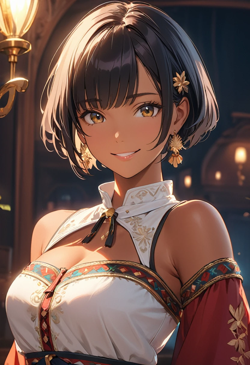 ((top quality)), ((masterpiece)), (detail), high resolution, perfect face, detailed eyes, fine eyes, cinematic lighting, (1 beautiful tan skin girl), black hair, (pixie cut), forehead, shaggy hair, ((Chiemsee Tracht)), Luxurious embroidery, medium breasts, smile,