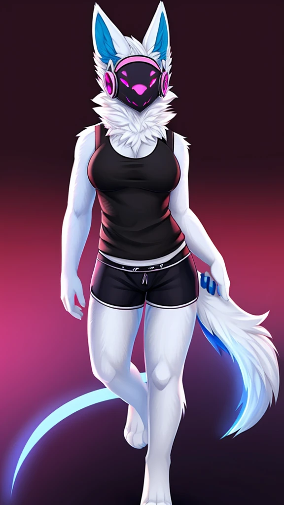 Furry protogen female anthropomorphic white fur pink eyes blue ears wearing a black tank top and black shorts medium breast size