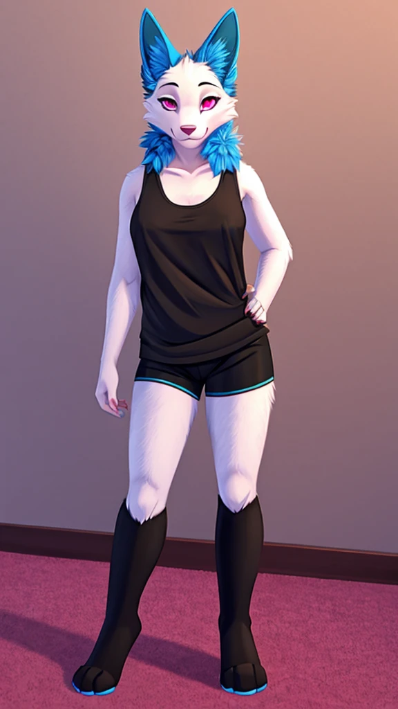 Furry  protogen   female anthropomorphic white fur pink eyes blue ears wearing a black tank top and black shorts  medium breast size 