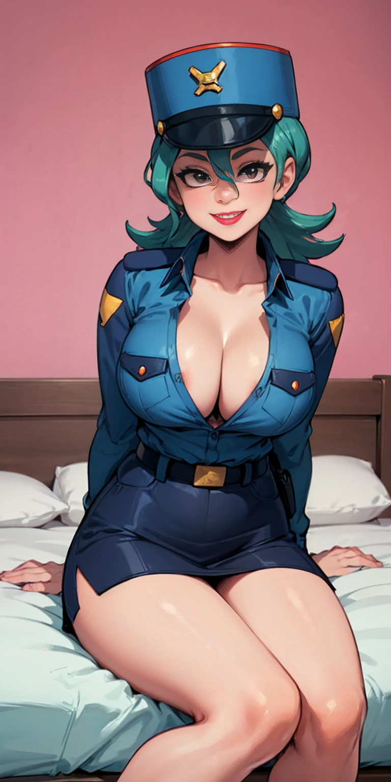 Jenny-pokemon sitting on bed, goregous police woman, sitting, perfect legs ((arms behind back)) unbutton shirt, busty, colossal cleavage, lipstick, smiling, police cap ((plain background:1.3))