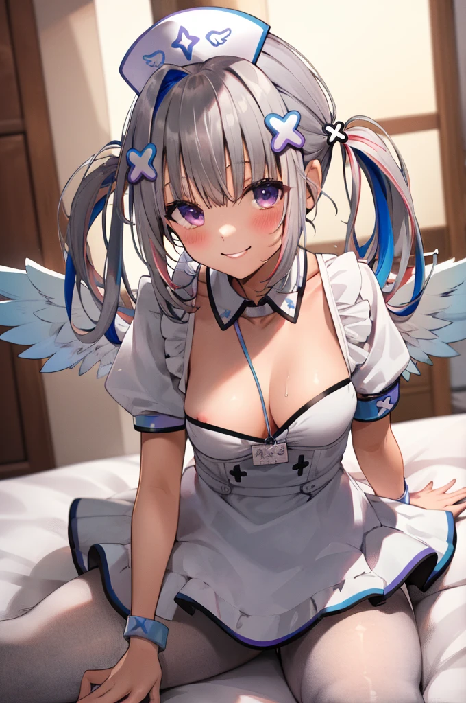 best quality, highres, 1girl, amane kanata, solo, hat, nurse cap, grey hair, multicolored hair, blue hair, wings, purple eyes, hair ornament, colored inner hair, angel wings, braid, bangs, official alternate hair length, streaked hair, single hair intake, x hair ornament, pink hair, official alternate hairstyle, twintails, nurse costume,on bed,smile,white pantyhose,blush,nsfw,medium breasts