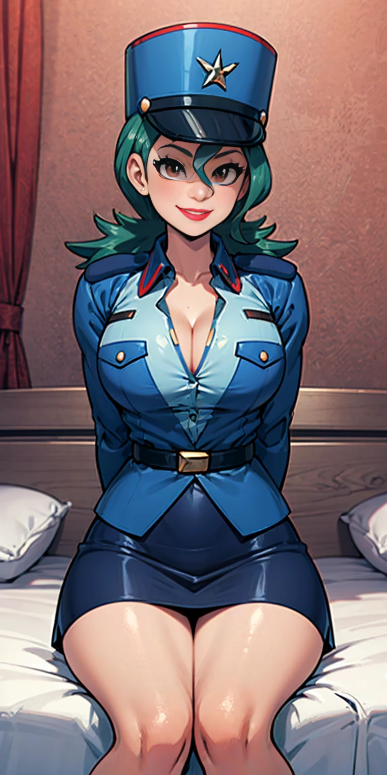 Jenny-pokemon sitting on bed, goregous police woman, sitting, perfect legs ((arms behind back)) unbutton shirt, busty, colossal cleavage, lipstick, smiling, police cap ((plain background:1.3))