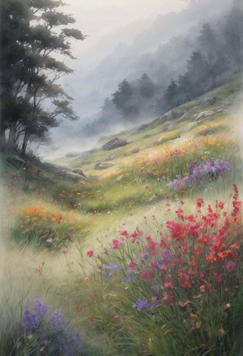 Color ink pen drawing by wlop, wildflowers in the foreground, blades of grass bending slightly as though brushed by a gentle breeze, rocks of various sizes scattered around, scene enveloped by a foggy background suggesting early morning mist, set on white paper, volumetric, ultra fine detailing, with a soft, ethereal quality.