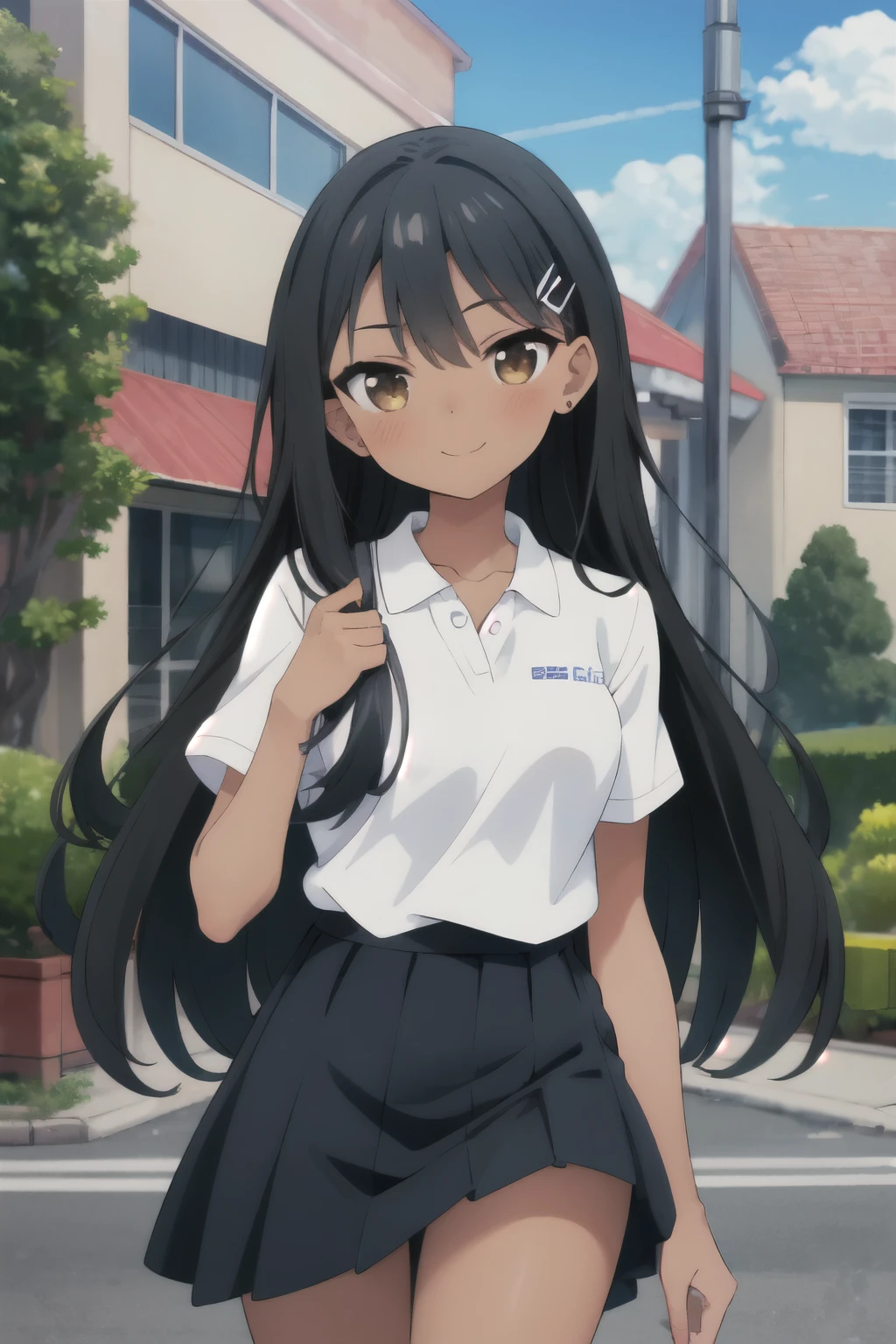 ((best quality)), ((masterpiece)), (details), one girl, sexy ((best quality)), ((masterpiece)), (details), one girl, sexy ((best quality)), ((masterpiece)), (details), one girl, full body, sexy expensive body, expensive, long legs, mature woman, mature, adult, it_nagatoro_main, nagatoro hayase, one girl, blushing, alone, uniform polo shirt, short sleeves, black hair, brown eyes, hair accessory, looking at viewer, hair clip, outdoors, smiling, long hair, dark skinned woman, dark skin, , bangs, daytime, skirt, collared shirt, collarbone, ear clip, mouth closed, tree, asymmetrical bangs, upper body
