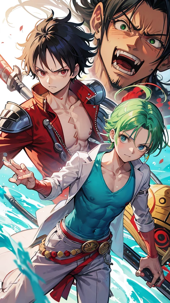 monkey d luffy in futuristic suit, and zoro also with futuristic suit