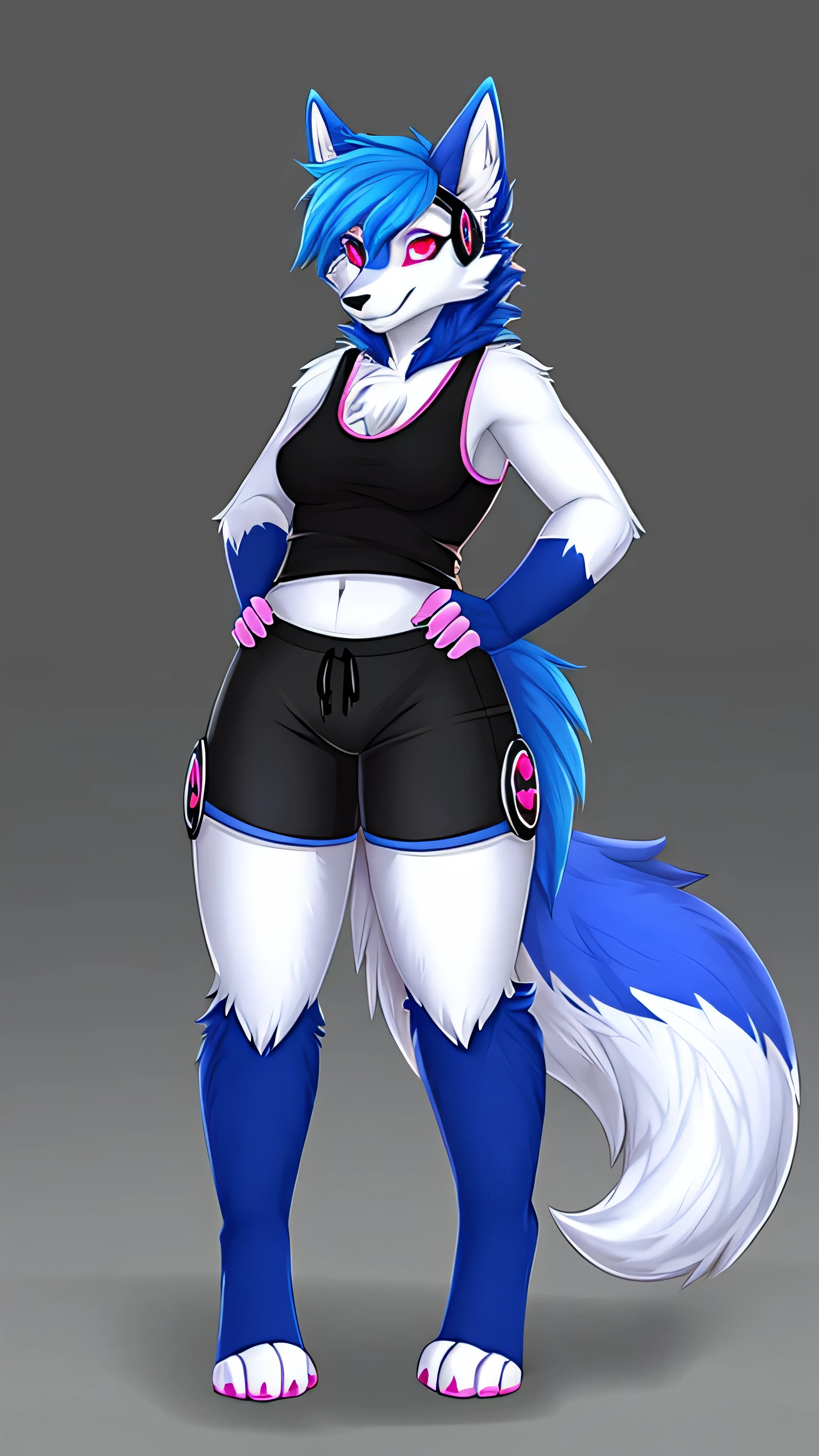 Furry kitsune wolf protogen female anthropomorphic white fur pink eyes blue ears wearing a black tank top and black shorts medium breast size