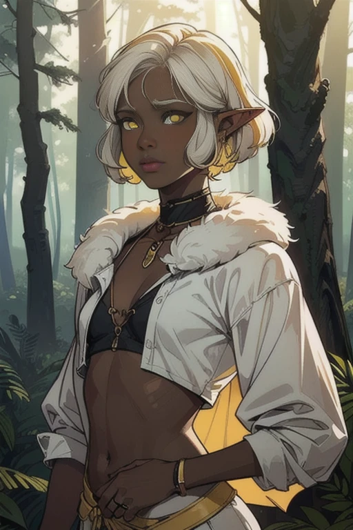 Ancient, Lost elf tribe, Zelda, fur armor, rings, female creature, prehistoric era, hunter, Extremely realistic shading, masterpiece, extremely detailed, photorealistic, perfect lighting, ((ruined forest)), ((flat chest)), ((short white hair)), ((shirt)), ((dark skin)), (masterpiece, best quality), solo, 1girl, female, ((style of arbuzbudesh)), ((yellow pupils))