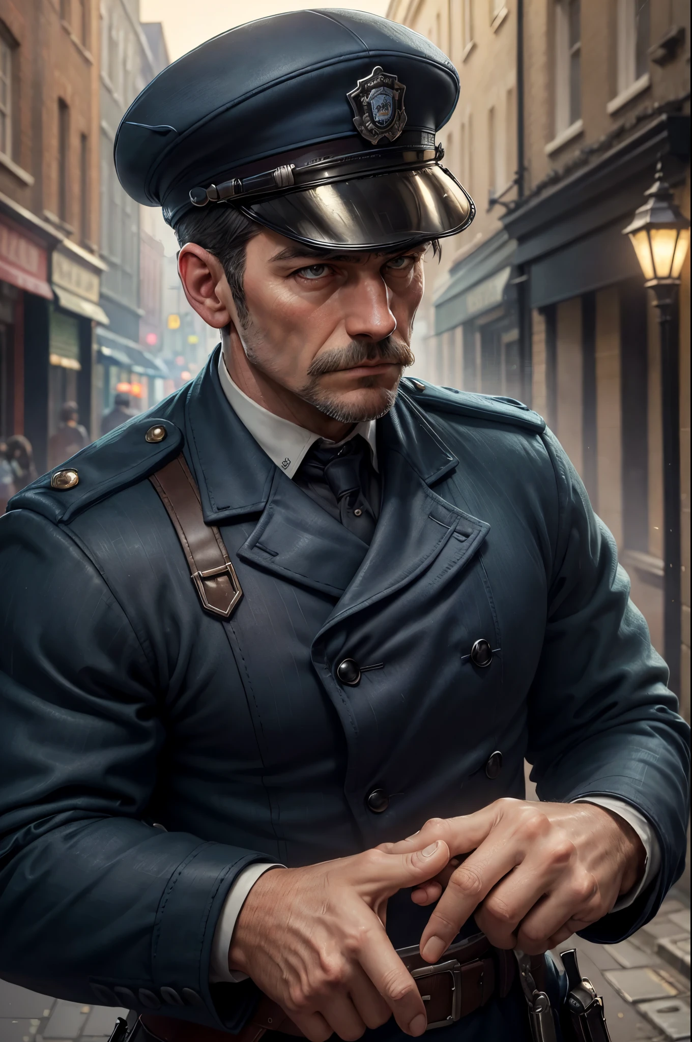 Watercolor hand drawing, vector graphics design, (best quality, masterpiece:1.2), side view, anthropomorphic, a Boxer dog with short hair wearing police jacket & uniform cap, inspector of Scotland Yard, llooks ike an English policeman, noire, London's street in 1890, simple lines, looking to camera, serteuse look, (natural textile texture, hyperrealism, soft light, sharp:1.2), (intricate details:1.1), hdr, bokeh