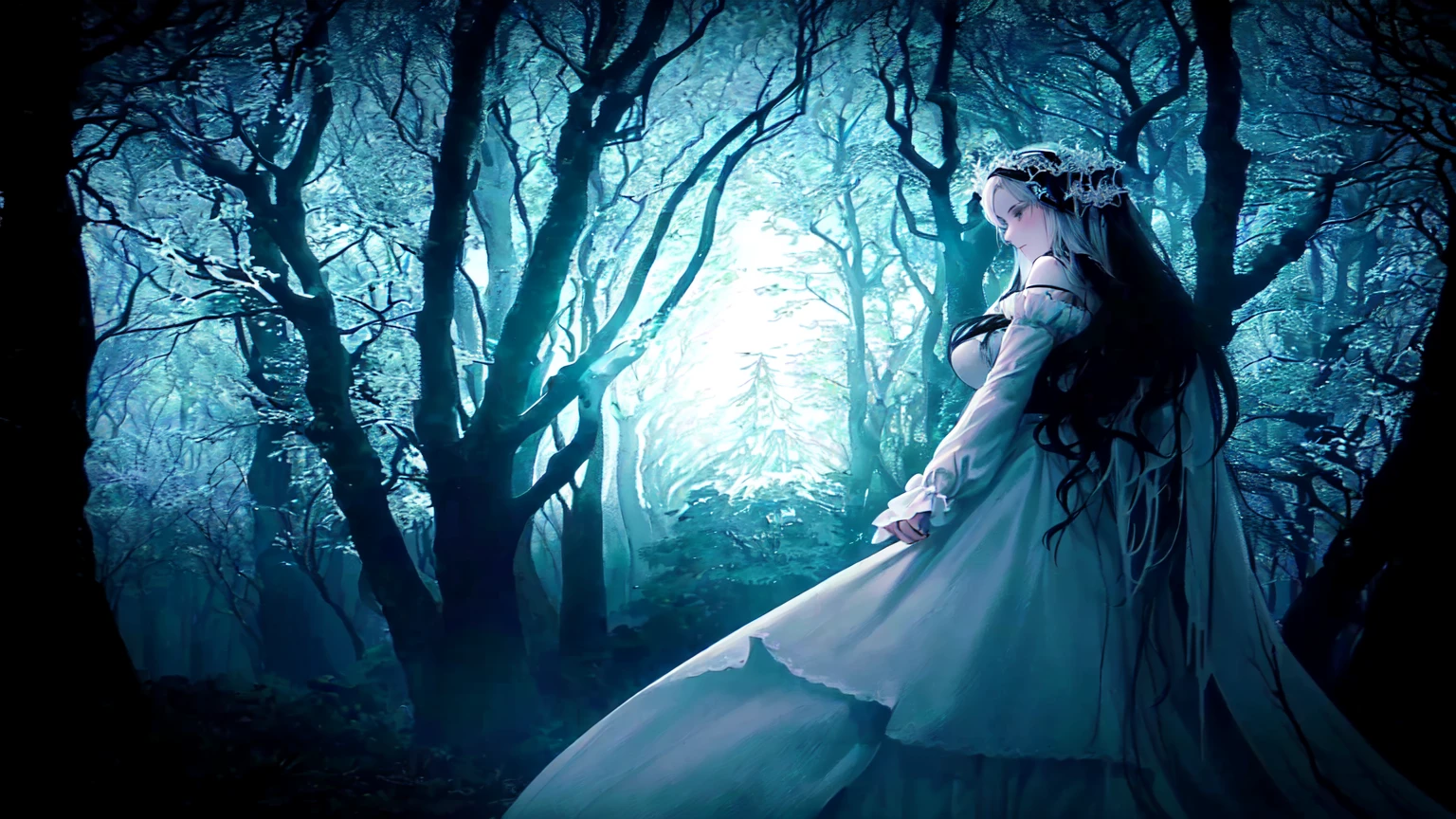 Arafed woman in a white dress in a dark forest., Woman in a dark forest, Gothic ghost maiden, Witch in the forest, The crybaby, gothic maiden of the dark, White Witch, haunting beautiful young woman, gothic maiden, Hooded woman, mysterious woman, Corpse Bride Style, beautiful with spooky vibes, Girl walking in the dark forest