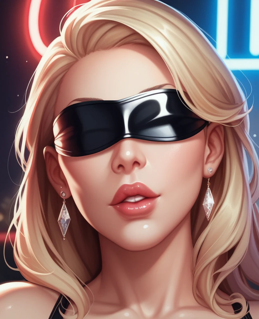 Artistic photo taken with a Nikon D300 camera and a 200mm lens, using a red photography filter. red neon lights. A blonde woman with her eyes covered by a blindfold. Her lips are painted bright red and have a glossy finish. A little transparent gel slides from her lips.