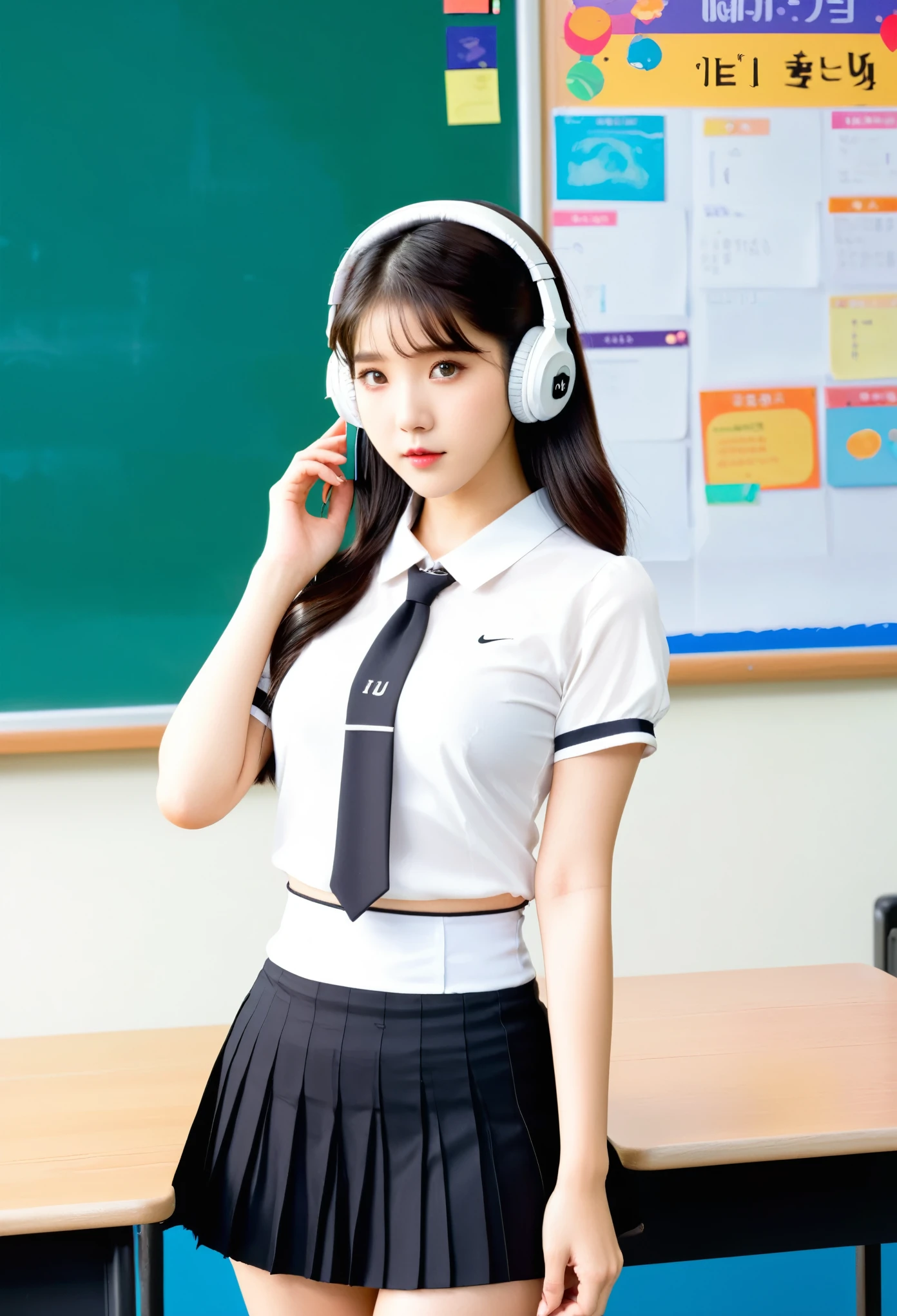 IU1,Full body photo of an Asian beauty, wearing white short sleeves and black pleated skirt, standing in front of the classroom board with headphones on her head. She has long legs, plump figure, fair skin, delicate face features, bright eyes, high nose bridge,