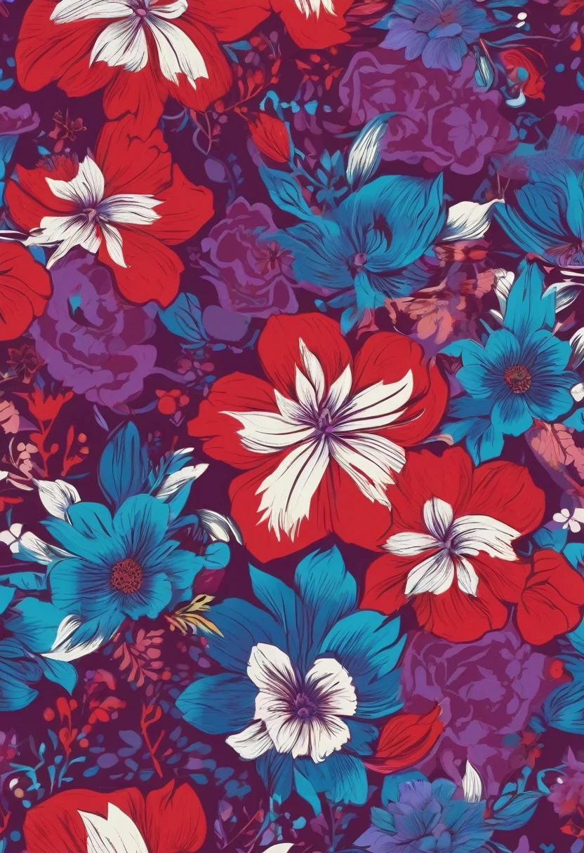 Floral print for shirt, red purple blue