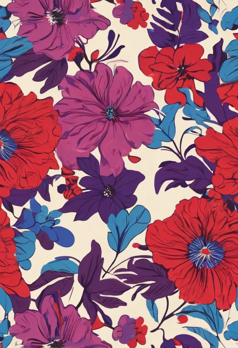 Floral print for shirt, red purple blue