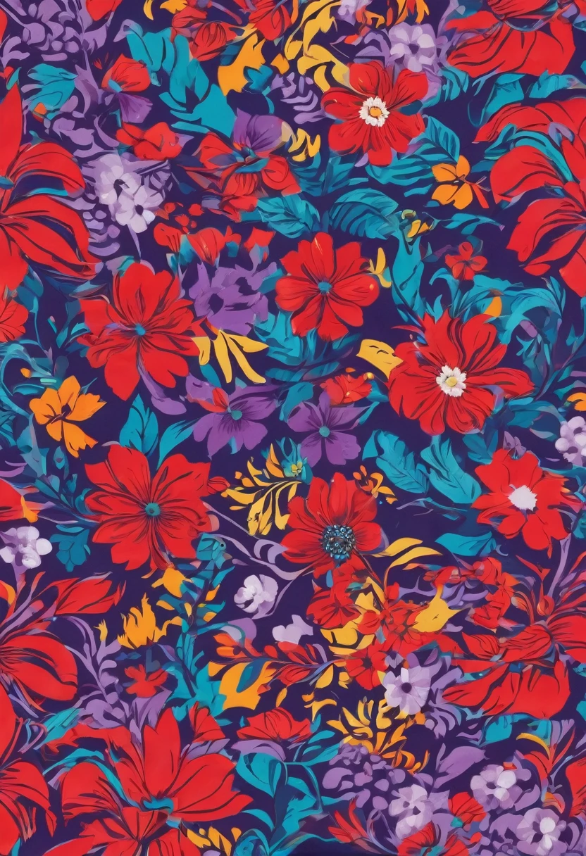 Floral print for shirt, red purple blue