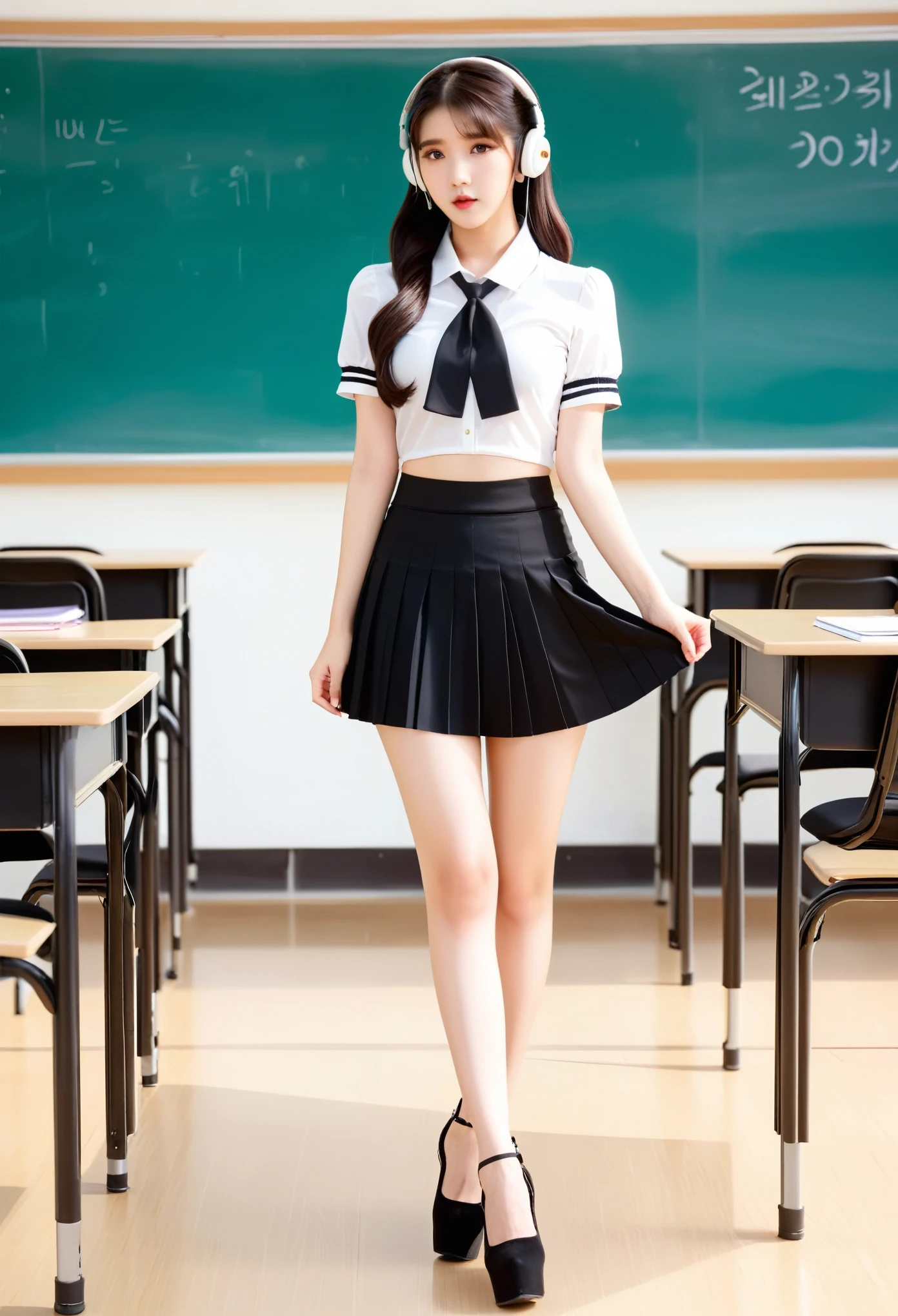 IU1,Asian beauty, wearing white short sleeves and black pleated skirt, standing in front of the classroom desk with one leg raised to display her long legs, photo style, high heels, earphones, yoga pants, real skin texture, high definition photography