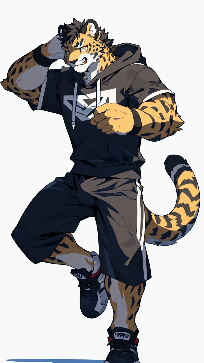 White background，high resolution，4K，masterpiece，high quality，Warm man，29 years old，((Cheetah))，male，((whole body:1.4，Strike a pose:1.5，fiercely:1.3，grimace in pain:1.4))，CheetahFurry，（teenager:1.5，hairy），((Moderate:1.2，short hair:1.3))，((Strong body:1.5，Long legs:1.3，big ear:1.3，Thick long tail，Long legs))，(((Grey sweatshirt，Black sports shorts)))，(((Hair:1.6，充满Moderate肌肉:1.3，Golden Eyes:1.4，Black hair:1.3，White chest:1.3，White belly:1.4，Limbs:1.4，Crotch bulge)))，Delicate eyes:1.6，Fine details，Detailed body，（Detailed hand details:1.4）