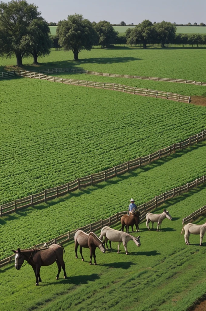 Create image of a farmer on his farm and his animated donkeys 