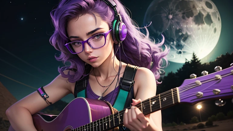 Good retro wave, A girl with glasses, purple hair, a guitar on the dirt road, with headphones from ear, naturey, blue neon lights, purple and green, in the background full moon with flow of energy, Egypt&#39;s pyramids, night sky, futurist, (work of art, ultra detaild, A high resolution) , I DON'T WANT HUMANS, There is a flow of energy, very real scenario, clear shades of purple and blue, ultra details.