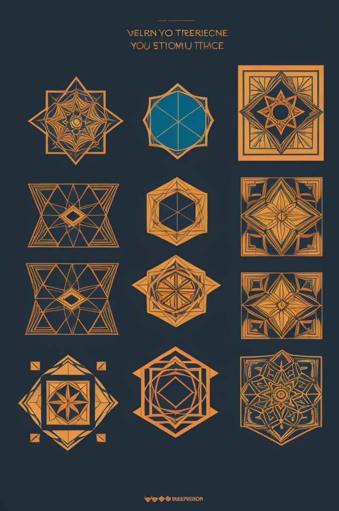 Can you give me a design that has 5 geometric shapes?, be symmetrical, has color theory and layout and looks digitalized