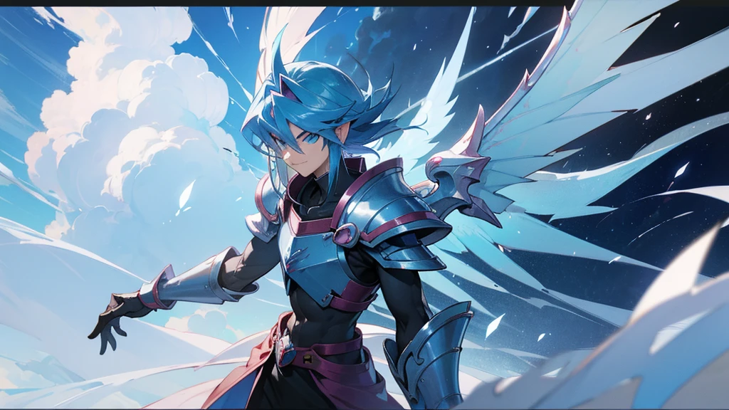 facing toward camera, Legendary Dragon wings,yugioh card,water color reflected armor。snow background, clouds in the sky, smirking, muscular, male, dragon wings, serious face, snowflakes floating around person, ice cold blue eyes, dragon wings,