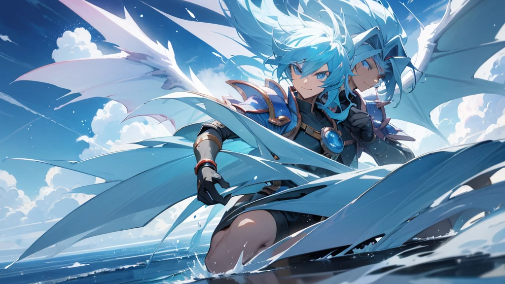 facing toward camera, Legendary Dragon wings,yugioh card,water color reflected armor。snow background, clouds in the sky, smirking, muscular, male, dragon wings, serious face, snowflakes floating around person, ice cold blue eyes, dragon wings,