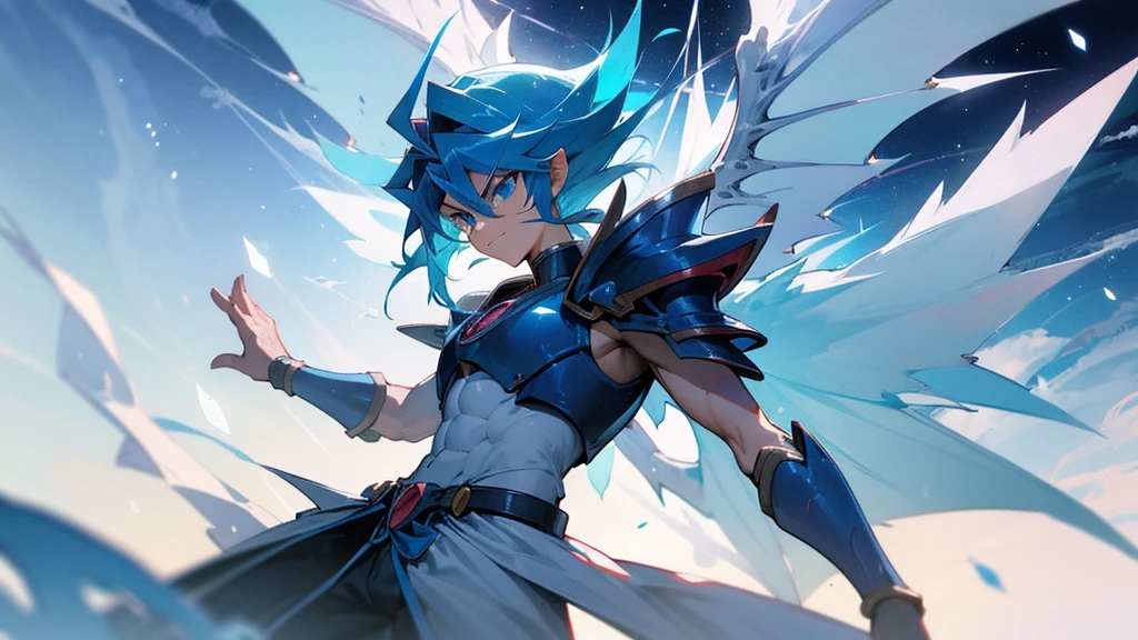 facing toward camera, Legendary Dragon wings，yugioh card，water color reflected armor。snow background, clouds in the sky, smirking, muscular, male, dragon wings, serious face, snowflakes floating around person, ice cold blue eyes, dragon wings,