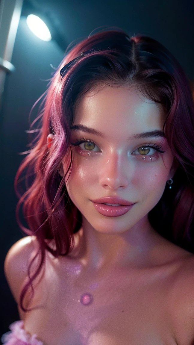 (((ultra realistic))) Photo, Masterpiece, Superior quality, (pale skin), (ultra detailed face and eyes.:1.3), 1 girl, adult, on a t-shirt, ((eye makeup, pink mascara)), ((SMILE)), ((big detailed lips)), ((rosa wavy hair)), ((Chiolka)) , (natural breasts), thin waist. ((posing)), Sesión de Photos, studio (soft lighting), (The game of lights and shadows), depth of field, bokeh, (Special attention to leather details.: 1.2), detailed leather texture, skin pores. (Warm frame environment.. Color range: violet, rosa, blue tones), DR, ((film grain)), ((good heavens)), (Glare), ((portrait from the waist up)) , ultra detialed, 