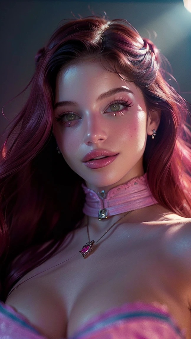 (((ultra realistic))) Photo, Masterpiece, Superior quality, (pale skin), (ultra detailed face and eyes.:1.3), 1 girl, adult, on a t-shirt, ((eye makeup, pink mascara)), ((SMILE)), ((big detailed lips)), ((rosa wavy hair)), ((Chiolka)) , (natural breasts), thin waist. ((posing)), Sesión de Photos, studio (soft lighting), (The game of lights and shadows), depth of field, bokeh, (Special attention to leather details.: 1.2), detailed leather texture, skin pores. (Warm frame environment.. Color range: violet, rosa, blue tones), DR, ((film grain)), ((good heavens)), (Glare), ((portrait from the waist up)) , ultra detialed, 