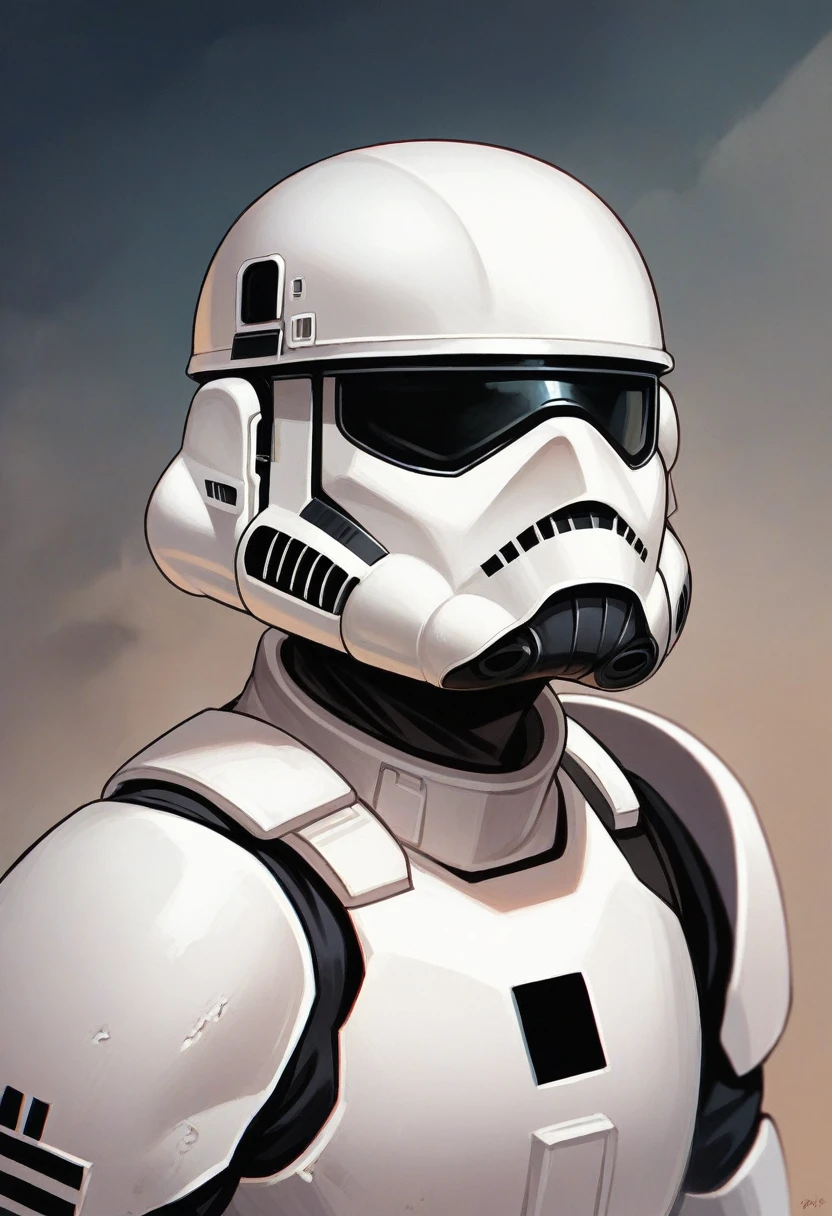 a photo of a female stormtrooper with black armor and a pilot stormtrooper helmet with her spaceship behind her