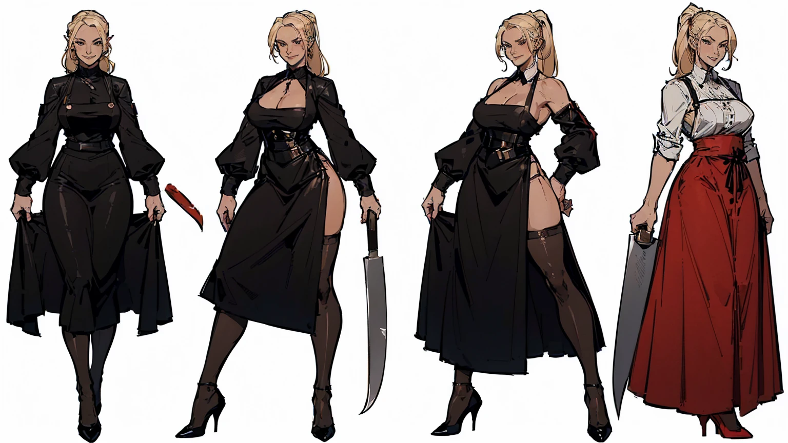 (((character sheet, character design))), ((UHD, High details, masterpiece)), (mature woman, butcher), (fancy appearance, simple clothing:1.2), blonde pixie with a long ponytail, ((black suit, large black leather apron, red high heels wielding a meat cleaver)), (standing tall in with a stern smile), (((white background)))
