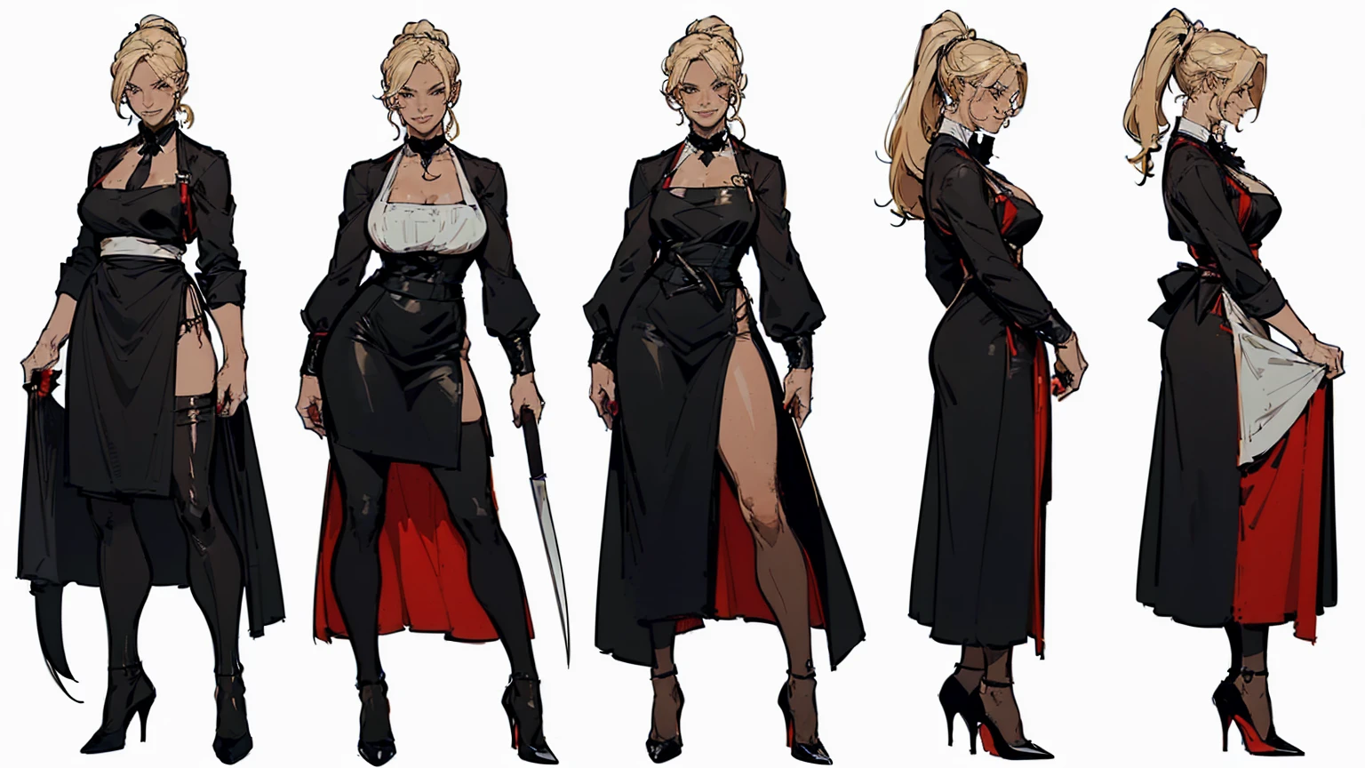 (((character sheet, character design))), ((UHD, High details, masterpiece)), (mature woman, butcher), (fancy appearance, simple clothing:1.2), blonde pixie with a long ponytail, ((black suit, large black leather apron, red high heels wielding a meat cleaver)), (standing tall in with a stern smile), (((white background)))