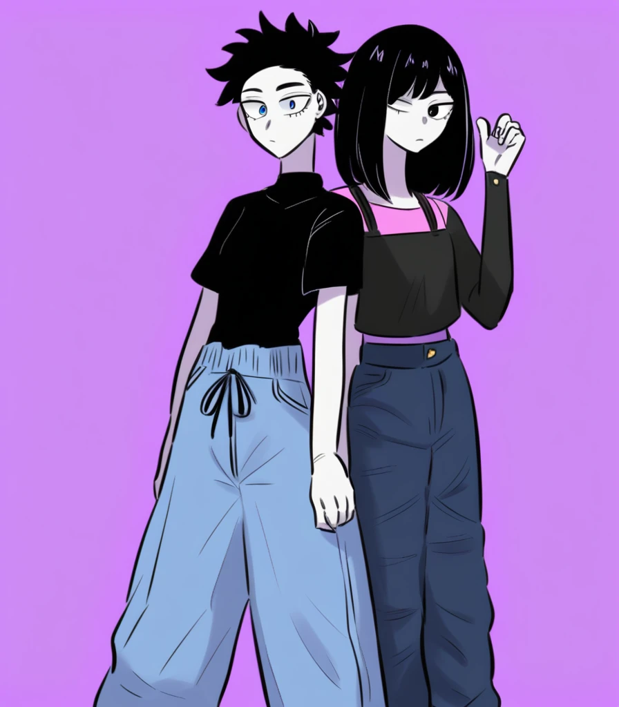 Teen girl with long black hair and pale skin, one her eye is blue and the other one is purple. She's slim, and short, wearing baggy jeans and black top, she's very slender, the style is My Hero Academia, MHA