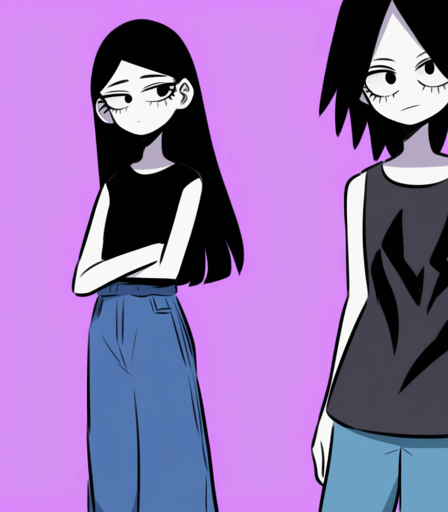 Teen girl with long black hair and pale skin, one her eye is blue and the other one is purple. She's slim, and short, wearing baggy jeans and black top, she's very slender, the style is My Hero Academia, MHA