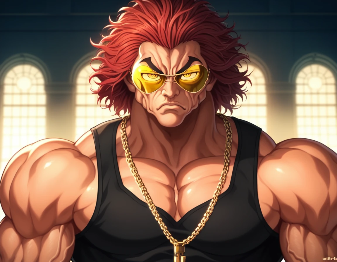 score_9, score_8_up, score_7_up, YujiroHanma, 1boy, male focus, solo, black shirt, big hip hop necklace, chain, gold, aviator sunglasses, yellow-tinted eyewear, muscular male, red hair, manly, veins, pupils, dynamic lighting, extremely detailed, portrait, serious expression, very veiny, glare