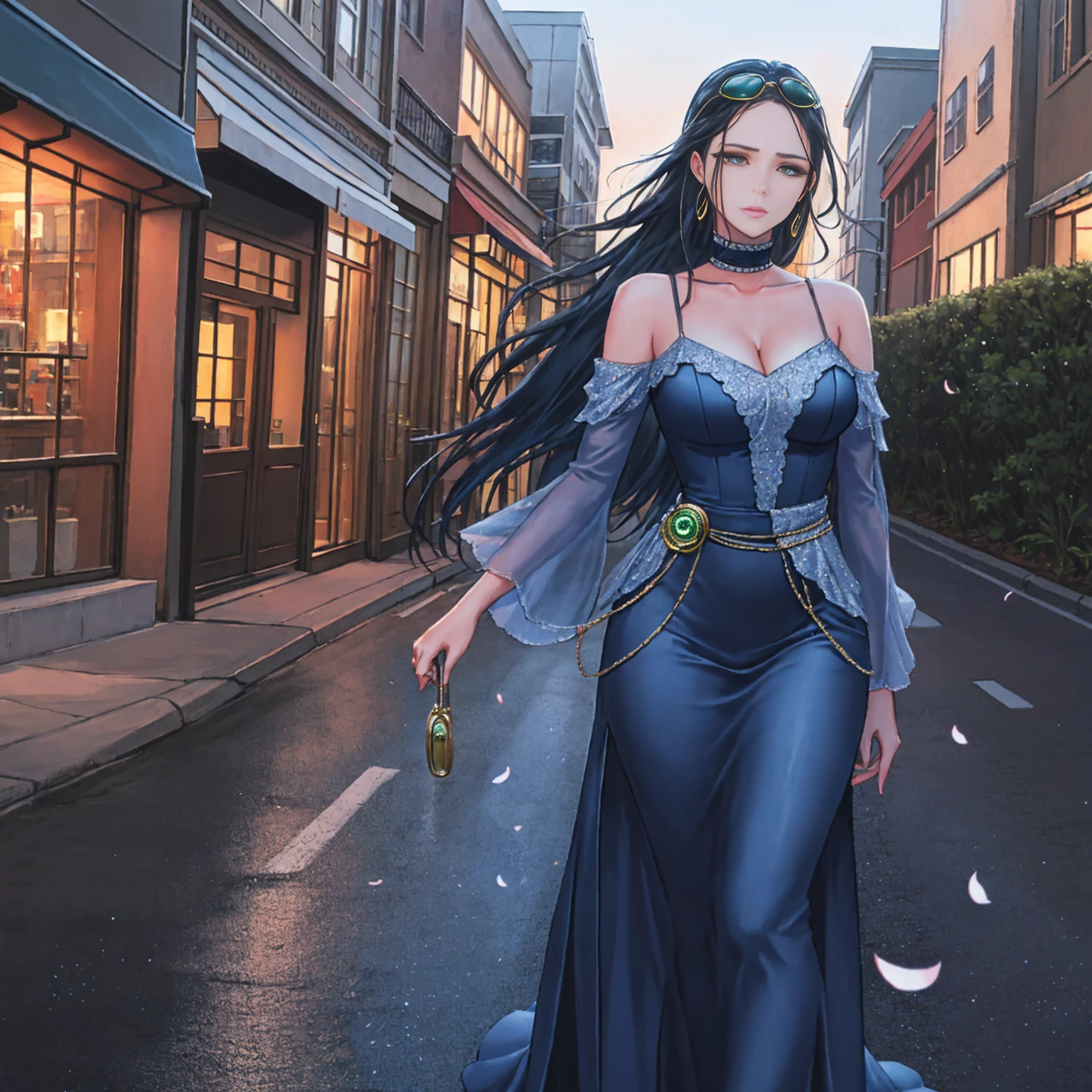 Setting: Atmospheric Street Background (Think bustling city street at night with neon lights and rain, a foggy alleyway, or a deserted highway at dusk) - Choose the specific atmosphere you desire. Character: Appearance: Ultra Quality - High level of detail and realism Shiny Skin - Glowing and healthy Long wet Hair - Flowing down the back Narrowed Eyes - Focused and intense expression (sharp or piercing) Attire: Long Dress - Elegant and flowing Pose: Fingers Crossed - A gesture hinting at hope, nervousness, or even making a wish. Accessories: Sunglasses - Adding a touch of mystery or coolness (consider the style of sunglasses to match the overall mood) Additional Notes: Consider adding details about the character's posture (standing tall, leaning against a wall, etc.) to enhance the scene. The quality of the image is 8K or Cinematic 