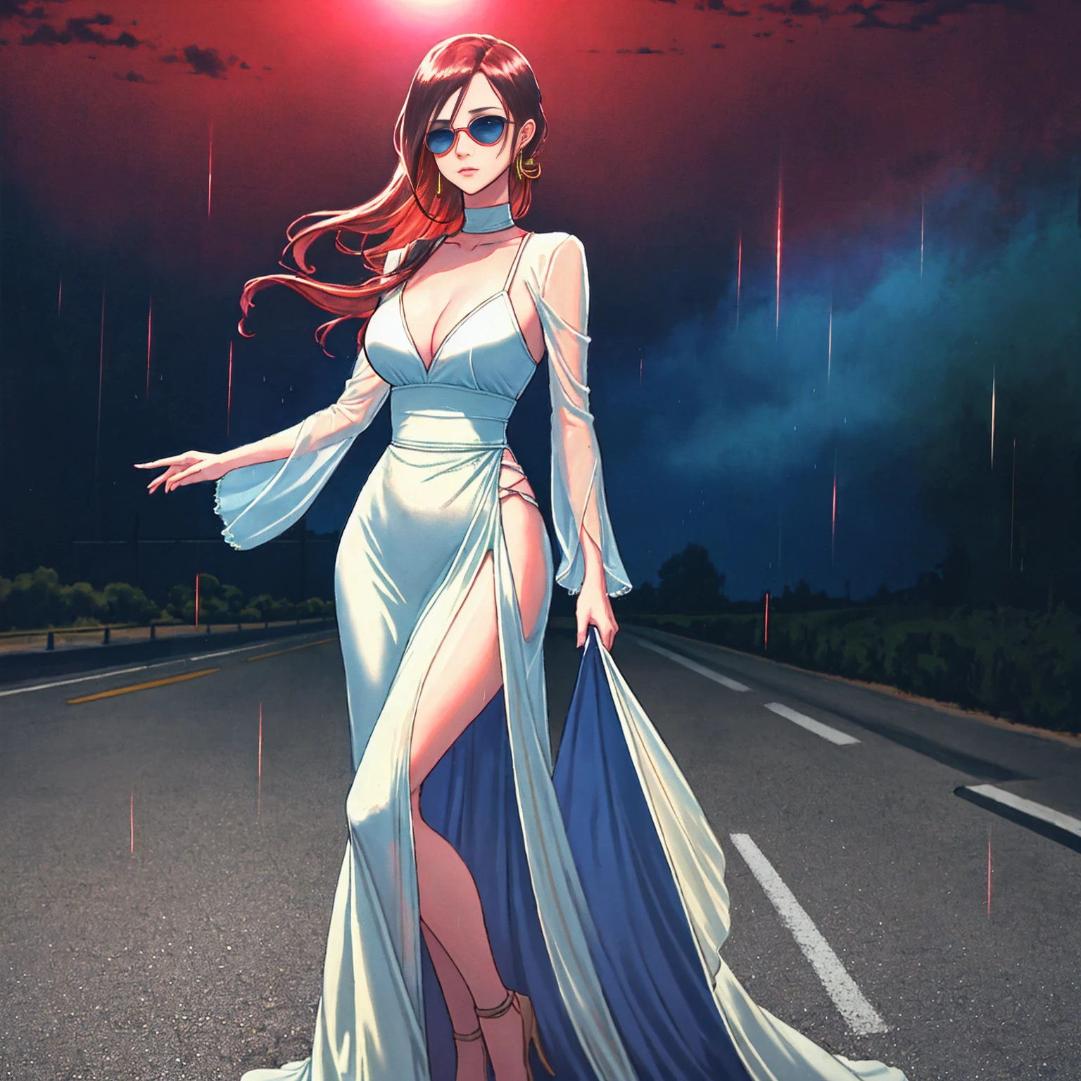 Setting: Atmospheric Street Background (Think bustling city street at night with neon lights and rain, a foggy alleyway, or a deserted highway at dusk) - Choose the specific atmosphere you desire. Character: Appearance: Ultra Quality - High level of detail and realism Shiny Skin - Glowing and healthy Long wet Hair - Flowing down the back Narrowed Eyes - Focused and intense expression (sharp or piercing) Attire: Long Dress - Elegant and flowing Pose: Fingers Crossed - A gesture hinting at hope, nervousness, or even making a wish. Accessories: Sunglasses - Adding a touch of mystery or coolness (consider the style of sunglasses to match the overall mood) Additional Notes: Consider adding details about the character's posture (standing tall, leaning against a wall, etc.) to enhance the scene. The quality of the image is 8K or Cinematic