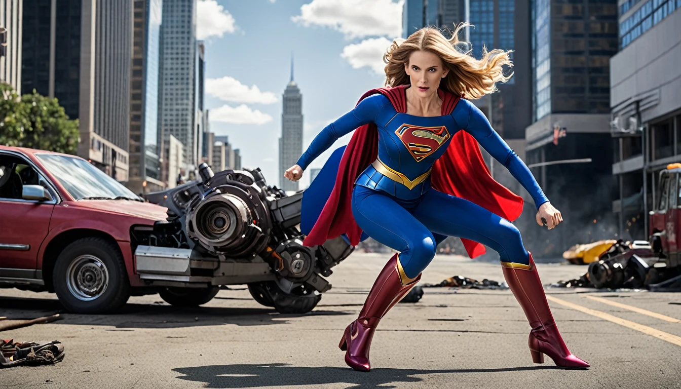 action(((fight))) scene; Julie Hagerty Supergirl x giant robot; HD. Photograph, ((realism)), extremely high quality RAW photograph, ultra detailed photograph, sharp focus, high resolution, (detailed skin:1,3),high quality, film grain, Fujifilm XT3,Highly Detailed, movie, (Cinematic Photo:1.3) of (Realistic:1.3)