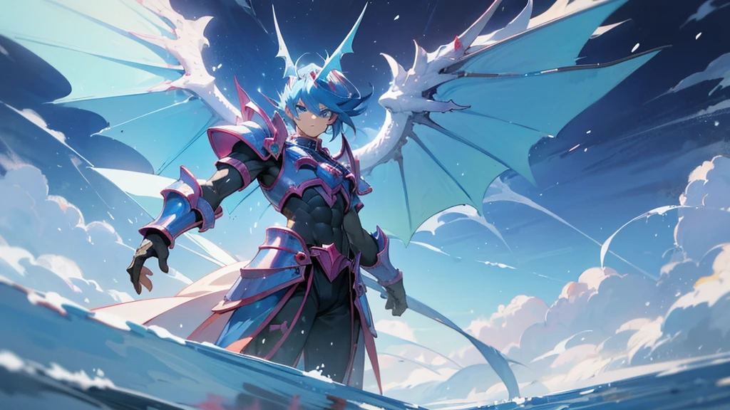 facing toward camera, Legendary Dragon wings,yugioh card,water color reflected armor。snow background, clouds in the sky, muscular, male, dragon wings, serious face, snowflakes floating around person, ice cold blue eyes, dragon wings, muscular,