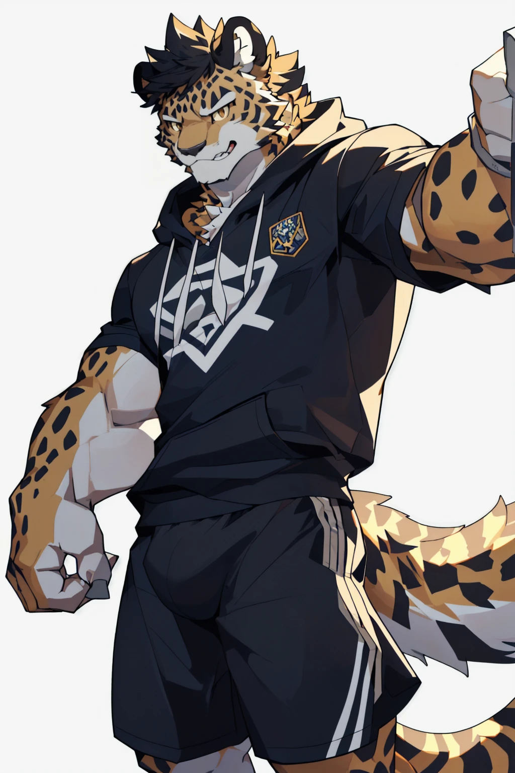 White background，high resolution，4K，masterpiece，high quality，Warm man，29 years old，((Cheetah))，male，((whole body:1.4，Strike a pose:1.5，fiercely:1.3，grimace in pain:1.4))，CheetahFurry，（teenager:1.5，hairy），((Moderate:1.2，short hair:1.3))，((Strong body:1.5，Long legs:1.3，big ear:1.3，Thick long tail，Long legs))，(((Grey sweatshirt，Black sports shorts)))，(((Hair:1.6，充满Moderate肌肉:1.3，Golden Eyes:1.4，Black hair:1.3，White chest:1.3，White belly:1.4，Limbs:1.4，Crotch bulge)))，Delicate eyes:1.6，Fine details，Detailed body，（Detailed hand details:1.4）