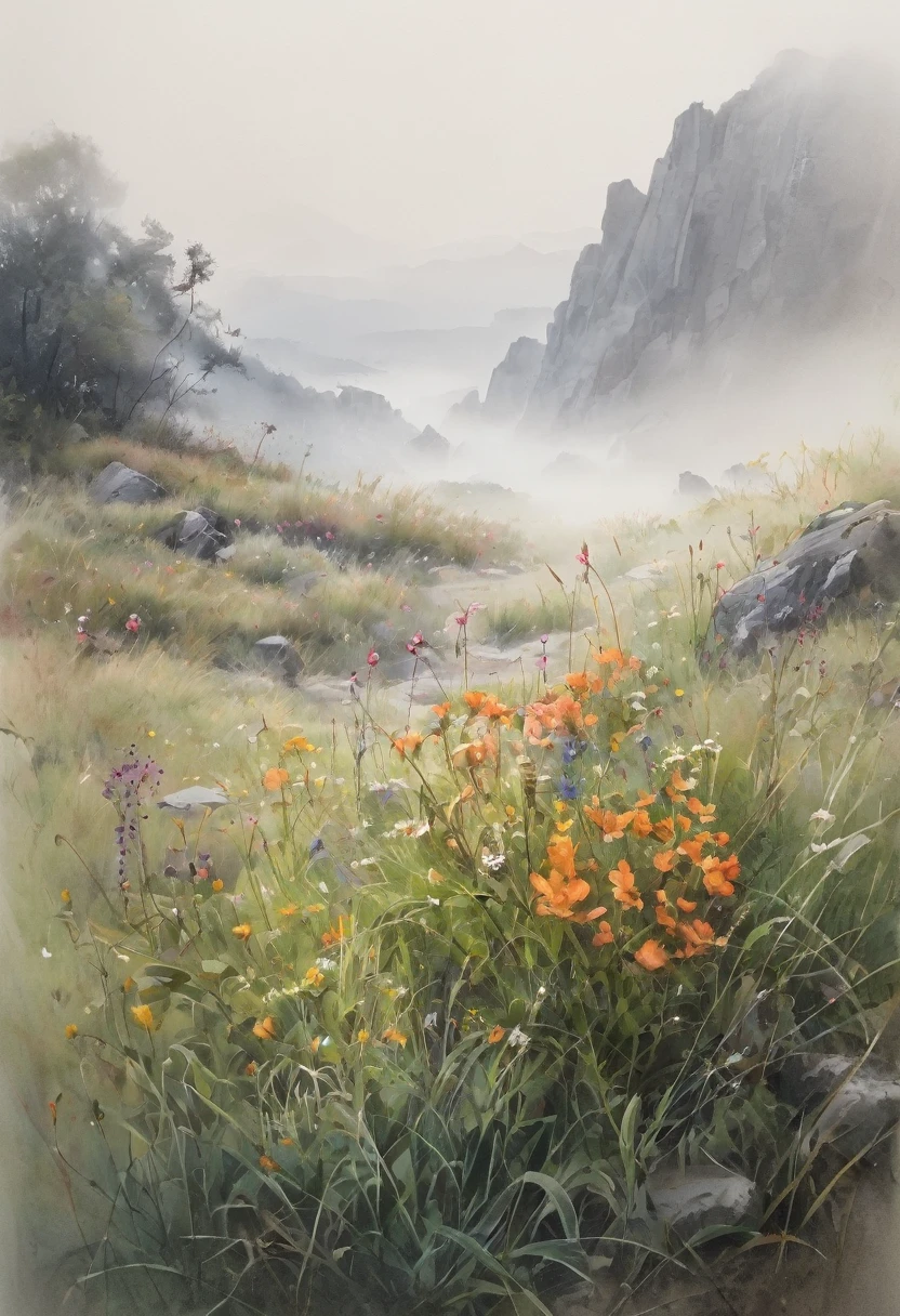 Color ink pen drawing by wlop, wildflowers in the foreground, blades of grass bending slightly as though brushed by a gentle breeze, rocks of various sizes scattered around, scene enveloped by a foggy background suggesting early morning mist, set on white paper, volumetric, ultra fine detailing, with a soft, ethereal quality.