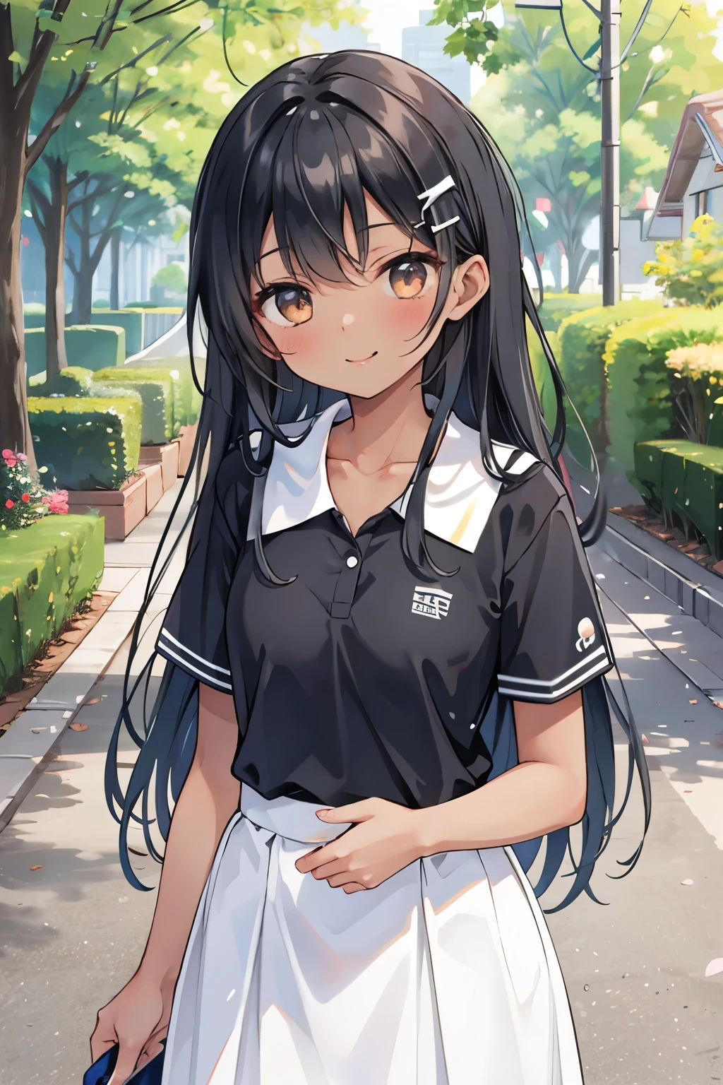 ((best quality)), ((masterpiece)), (details), one girl, sexy ((best quality)), ((masterpiece)), (details), one girl, sexy ((best quality)), ((masterpiece)), (details), one girl, full body, sexy expensive body, expensive, long legs, mature woman, mature, adult, it_nagatoro_main, nagatoro hayase, one girl, blushing, alone, uniform polo shirt, short sleeves, black hair, brown eyes, hair accessory, looking at viewer, hair clip, outdoors, smiling, long hair, dark skinned woman, dark skin, , bangs, daytime, skirt, collared shirt, collarbone, ear clip, mouth closed, tree, asymmetrical bangs, upper body