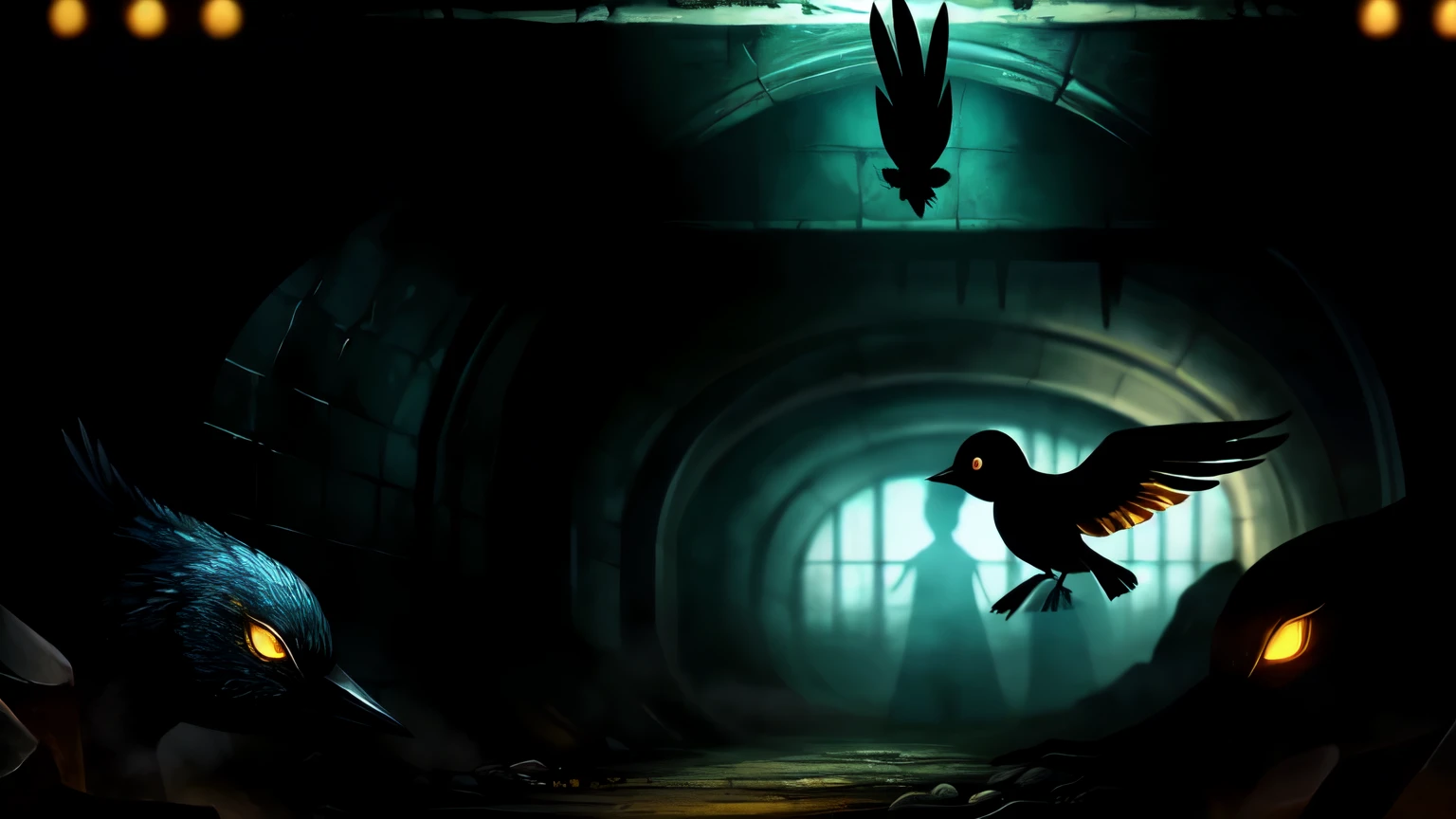 ((best quality)), ((masterpiece)), (detailed), A silhouette of a small bird with golden wings surrounded by dark, shadowy creatures in an underground setting.