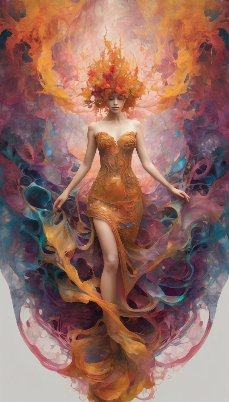 Create an abstract composition that features a dynamic play of organic and liquid shapes that evoke a sense of growth and decay. In the center, there should be a complex, fractal structure that resembles the figure of a woman, expanding outward from the center. She integrates soft, swirling shapes reminiscent of smoke or fog to add depth and movement around the central structure. Include colored shades with gradients to create volume and a three-dimensional effect. Make sure the overall tone is ethereal and otherworldly, with fine details suggesting intricate textures within the shapes.