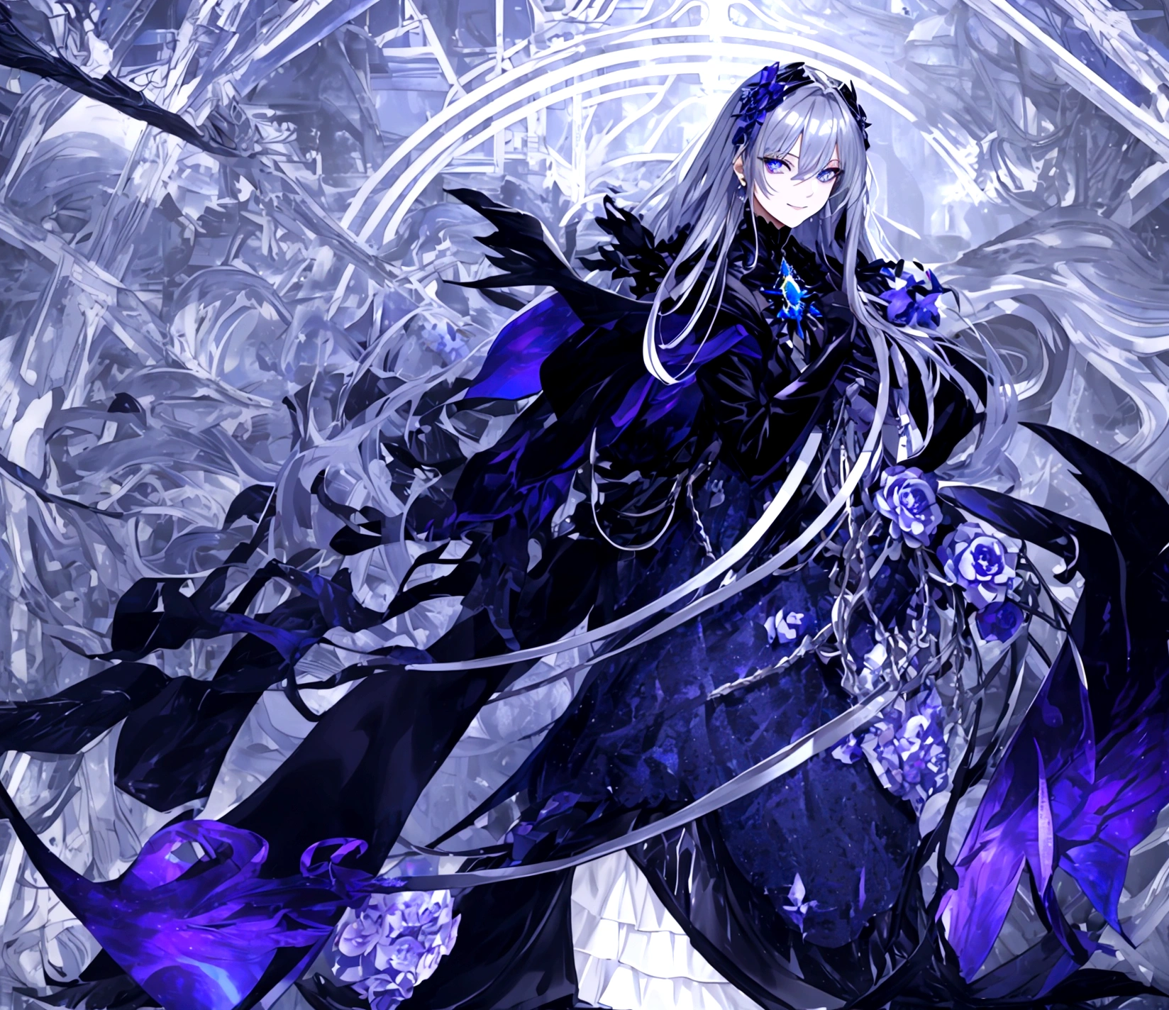 Guy, beautiful facial features, smile, squinted siren dark blue eyes without glare, silver and dark purple long hair with straight bang, fantasy black fit clothes with blue and purple elements, long black gloves, model, gorgeous, elegant, lots of silver jewelry, flowers in his hair, full body