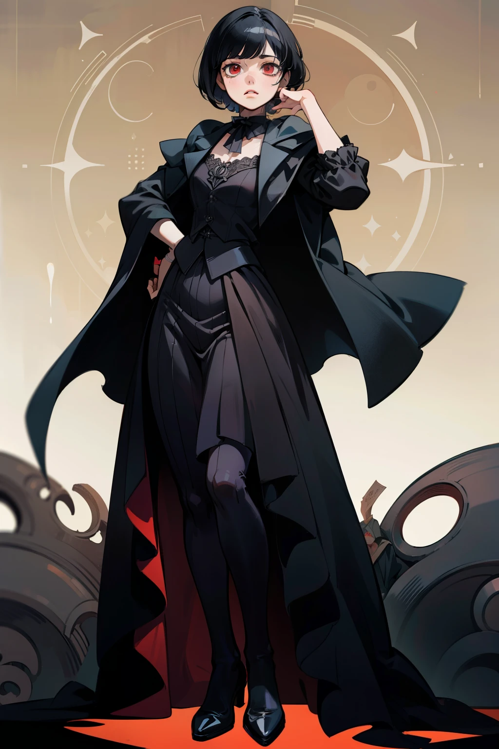 anime female character, short black hair, bangs, red eyes, vest, black cloak, full body shot, pose, elegant, bangs, ouji fashion, "Black Butler" inspired outfit., anime, Gothic art, masterpiece, anatomically correct, accurate, high details, highres, 4K