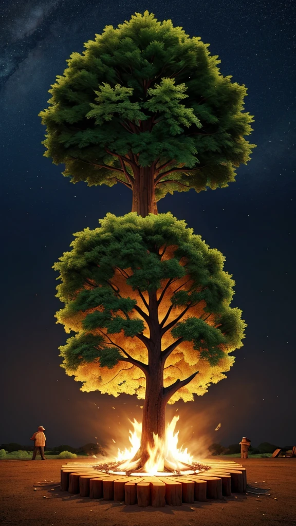 tree cut down and being burned